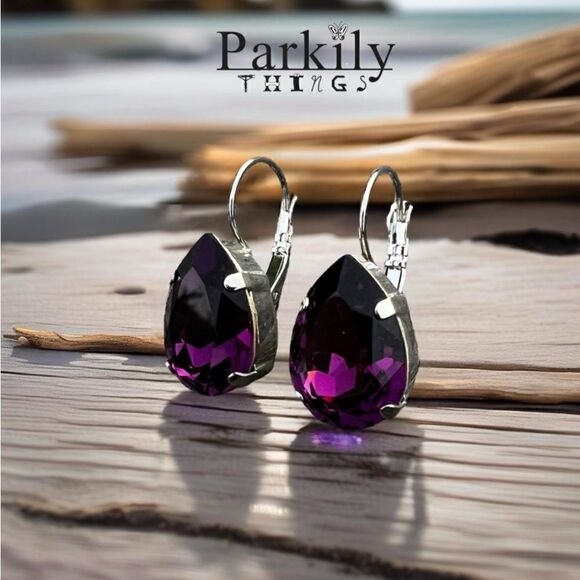 Handcrafted earrings with a purple amethyst teardrop Swarovski crystal - Picture 1 of 4